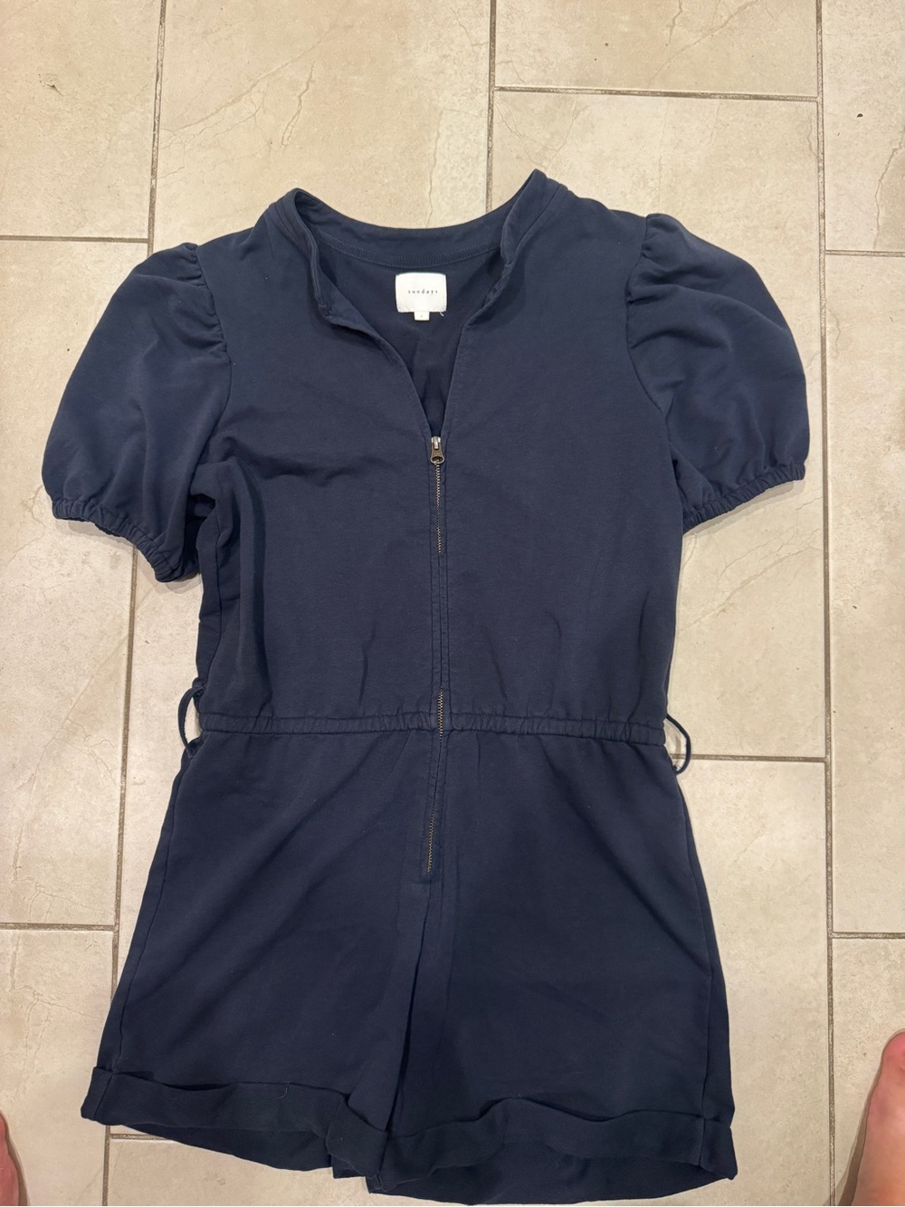 sundays Navy Puff-Sleeve Zip-Front Romper